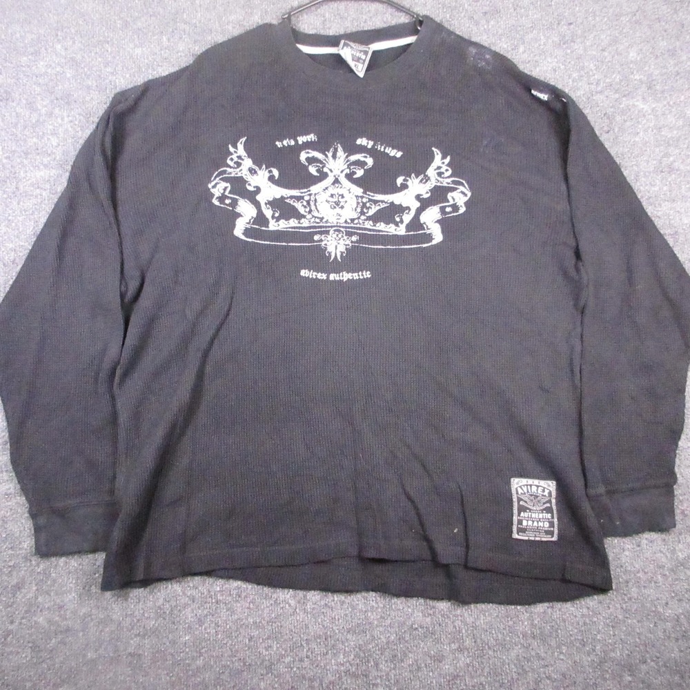 Y2K Avirex Shirt Mens XL Black Long Sleeve Thermal Crown Graphic Tee Waffle